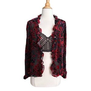 COLDWATER CREEK Sheer Velvet Burnout Ruffle Trim‎ Floral Blouse Whimsigoth Small